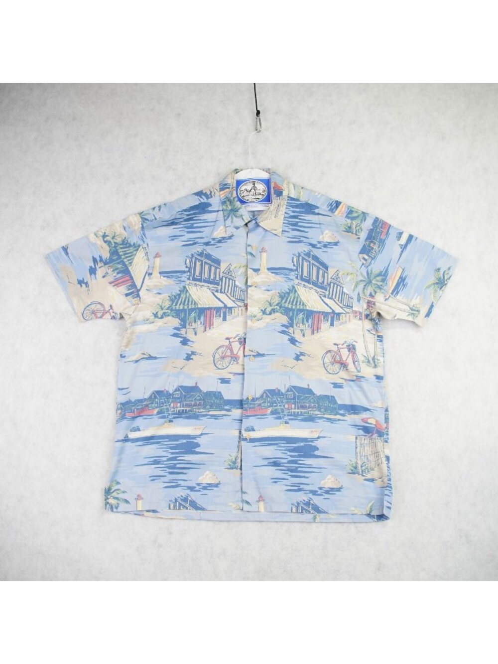 Vintage Nautica Mens Aloha Shirt Size XL Blue Coastal Print Bike Lighthouse Tiki